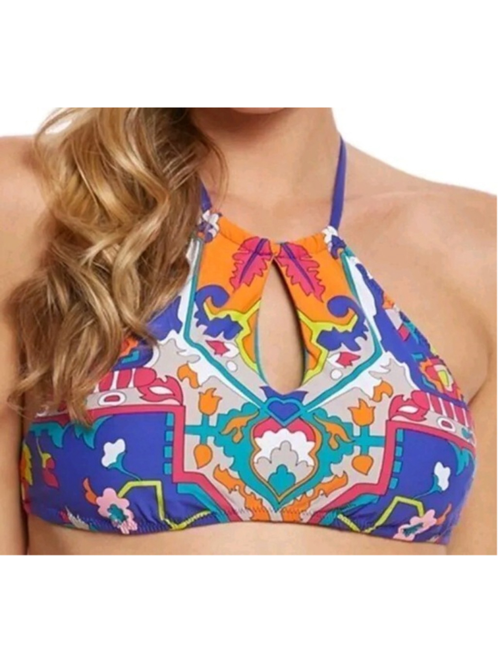 TRINA TURK -Tapestry -High Neck Keyhole Front Bikini Top SZ 8